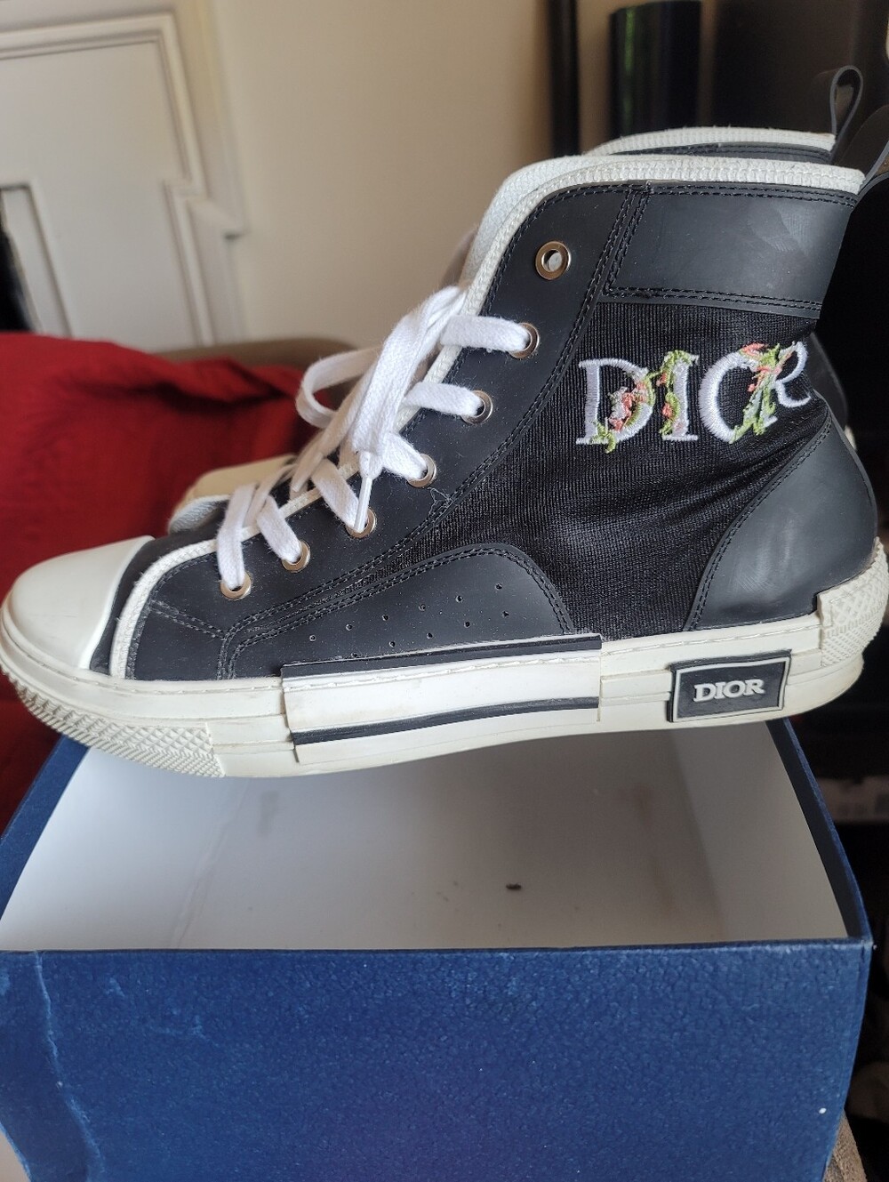 Dior Black & White High-Top Sneakers with Floral Embroidered Logo